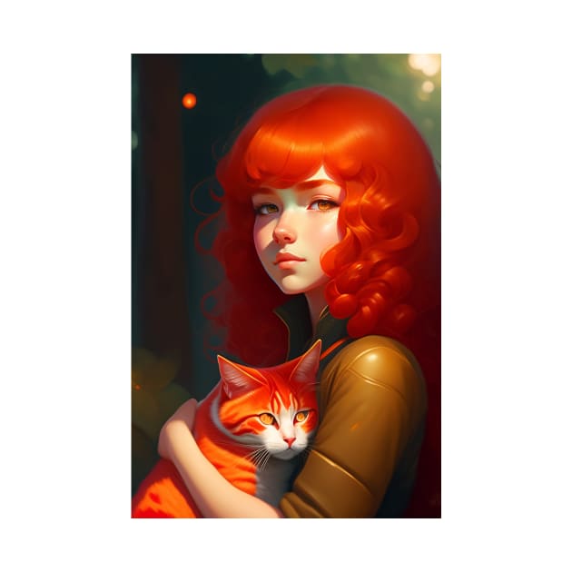 A red curly hair girl holds a red cat by Fun and Cool Tees