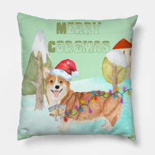 MERRY CORGMAS - WATERCOLOR CORGI CHRISTMAS WINTER WALK DESIGN Pillow