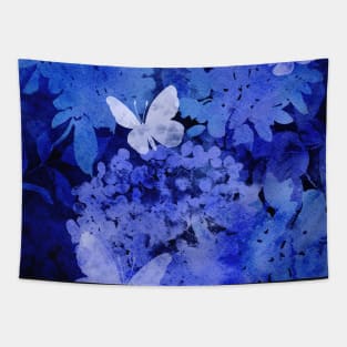 Butterflies and Hydrangeas Negative Painting Blue Tapestry