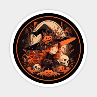 Spice, Sass, and Witchy Class: Orange, Black, Witch, Pumpkins, and Skulls Magnet