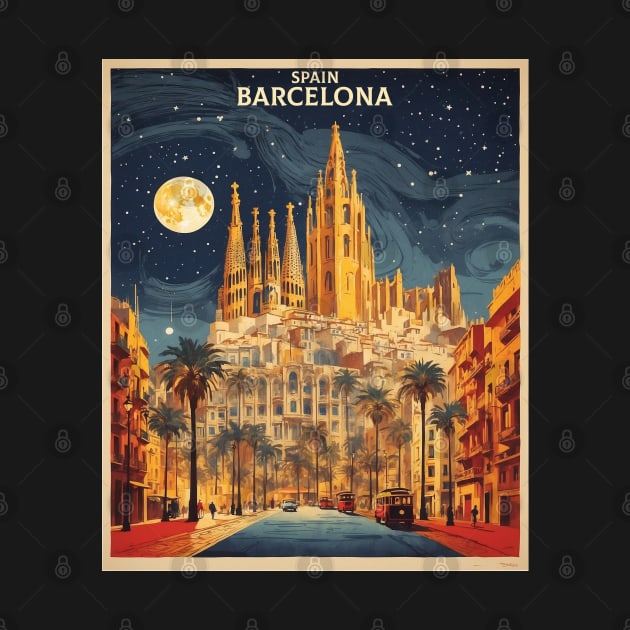 Barcelona Starry Night Spain Travel Tourism Retro Vintage by TravelersGems