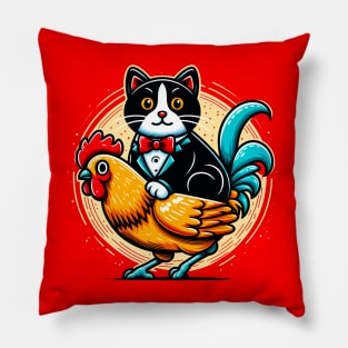 Tuxedo Cat on a Chicken Funny Pillow