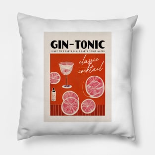 Gin Tonic Retro Poster Red Cinema Bar Prints, Vintage Drinks, Recipe, Wall Art Pillow