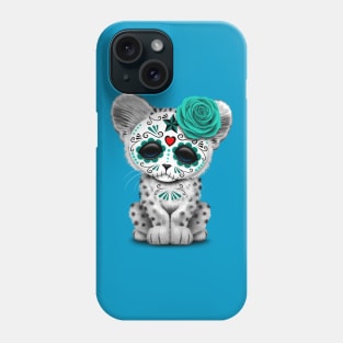 Blue Day of the Dead Sugar Skull Snow Leopard Cub Phone Case