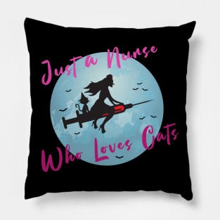 Halloween Nurse Flying With A Syringe In The Sky with cat Pillow