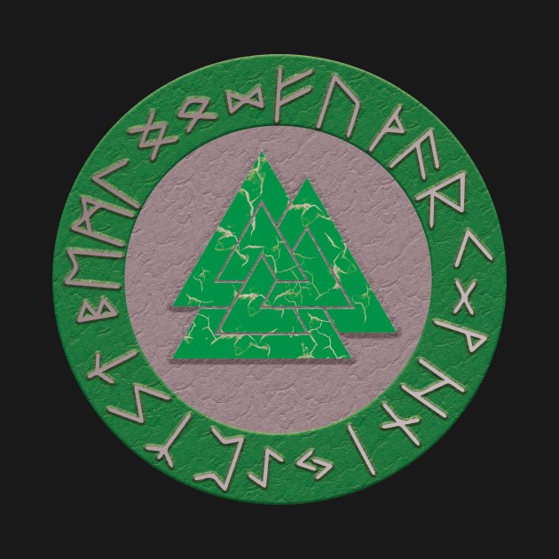 Vikings Distressed Valknut and Runes Green and Silver by vikki182@hotmail.co.uk