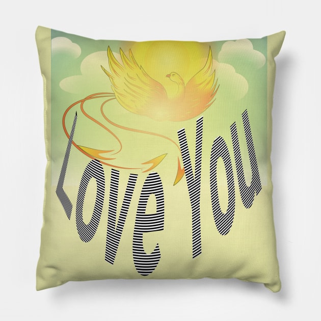 Say “Love You” Over Flaming Yellow Phoenix Bird Pillow by Glenn’s Credible Designs