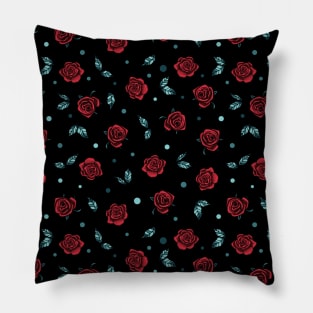 Gothic Red Roses and Leaves on Black Background Pillow