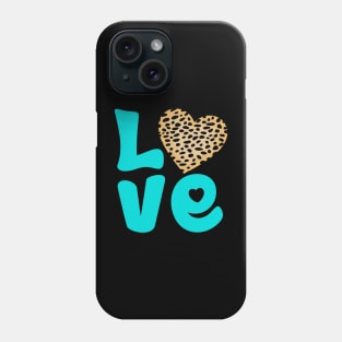 Cheetah Fur Pattern and Turquoise Hearts with Love Word Phone Case