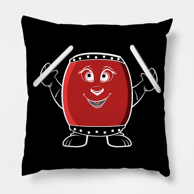 Cute Taiko Drum Funny Cartoon Illustration Pillow by BonnaVida