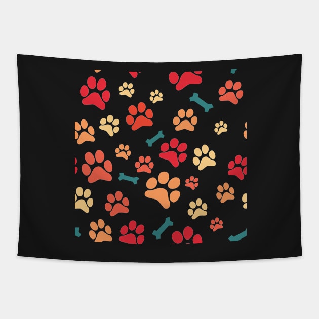 Autumn Color Puppy Paw Prints and Bones On Black Pattern Tapestry by SubtleSplit