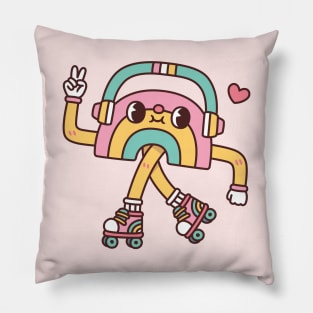 Cute Rainbow With Headphones And Roller Skates Pillow