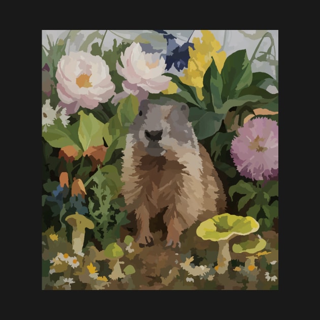 watercolor flowers surrounding a wild Groundhog by Catbrat