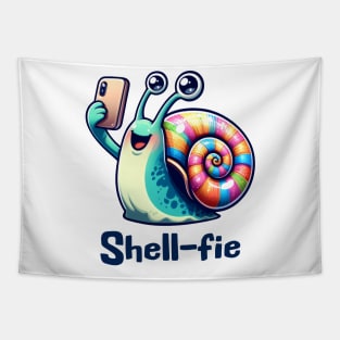 Cute happy snail taking a smartphone Shell-fie pun design Tapestry