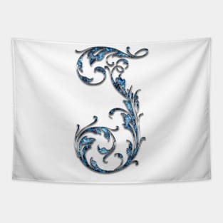 Ornate Blue Silver Letter J Tapestry