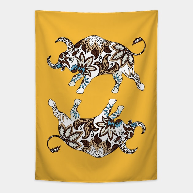 Paisley Oxen (Butterscotch Yellow Palette) Tapestry by illucalliart