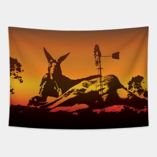 The Australian Native Animal Series: Kangaroo - The Iconic Marsupial & Bush Windmill with the Sunset Colors of Golden Hour Tapestry