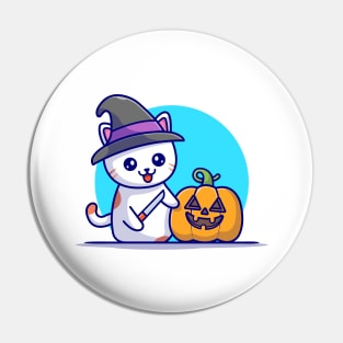 Cute Witch Cat With Pumpkin Halloween Cartoon Vector Icon Illustration Pin