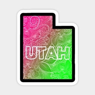 Colorful mandala art map of Utah with text in pink and green Magnet