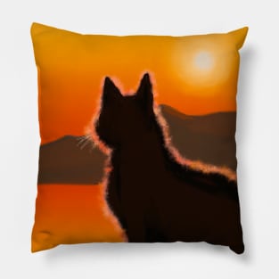 Cat Sunset Mountains Lake Digital Art Pillow