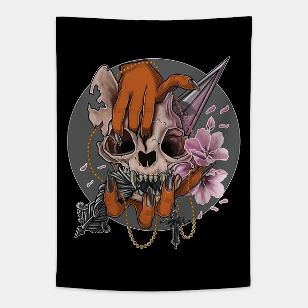 Silver moon skull cat Tapestry by Dugleidy Santos