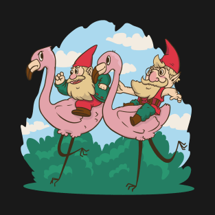 Garden Gnomes Racing Flamingos T-Shirt