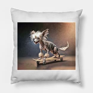 Chinese Crested Dog Riding a Skateboard Pillow