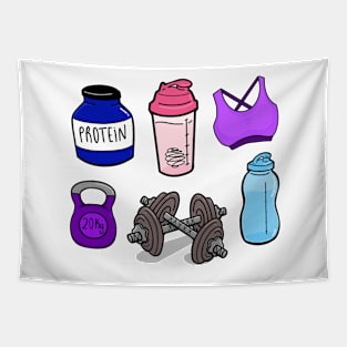 Gym Essentials Protein, Shaker, Bra, Kettlebell, Dumbbell, Water bottle Tapestry