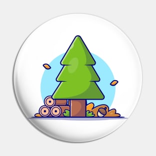 Pinus Tree with Woods and Acorn Autumn Season Cartoon Vector Icon Illustration Pin