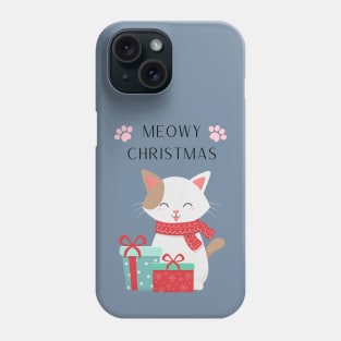 Cute white cat with gifts illustration with quote Meowy Christmas Phone Case