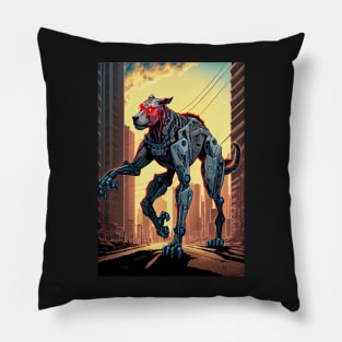 Giant futuristic robot cyborg dog attacking the city Pillow