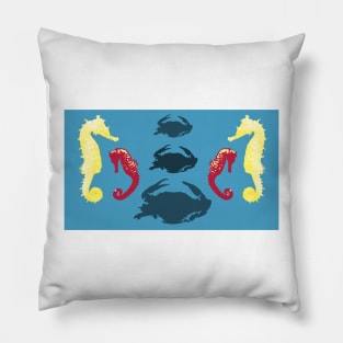 Seahorses and Crabs design on blue background Pillow