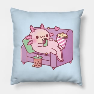 Cute Axolotl Chilling With Handphone Bubble Tea And Popcorn Pillow