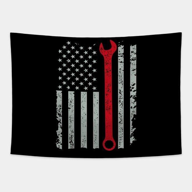 American Auto Mechanic Wrench And Flag Tapestry by QUYNH SOCIU