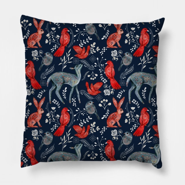 Wild Animal Deer, bird and rabbit Folk Pattern Pillow by jodotodesign