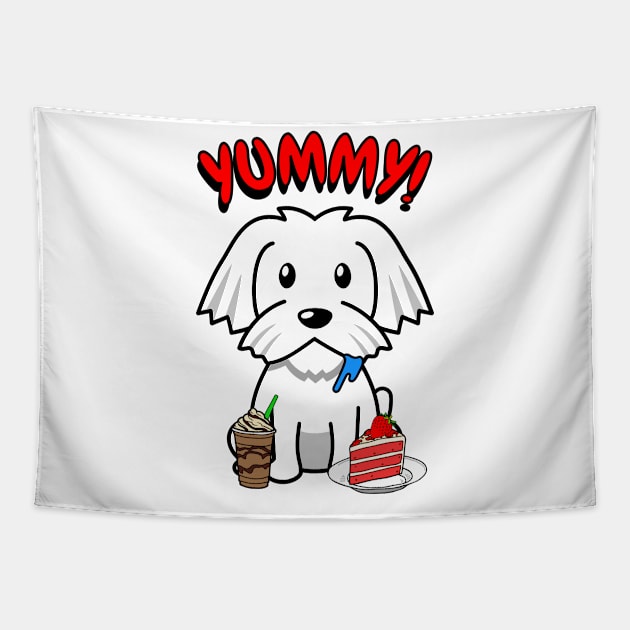 Cute white dog is having coffee and cake Tapestry by Pet Station