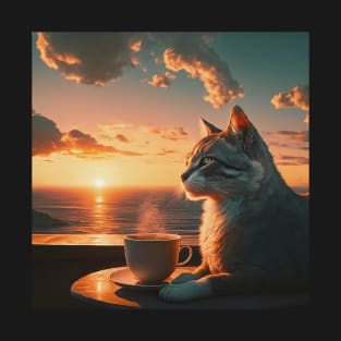 funny cat watching sunset with coffee, funny cats and coffee, cats lover T-Shirt