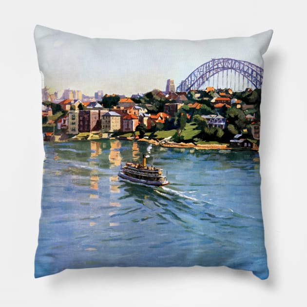 Vintage Travel Poster Australia Sydney Harbour Pillow by vintagetreasure