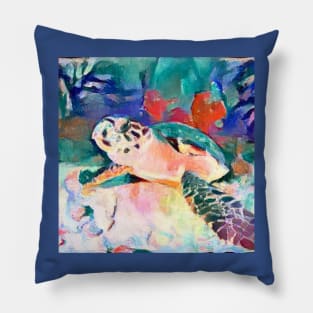 Cute turtle painting (sea turtle, ocean, sea and beach) Pillow