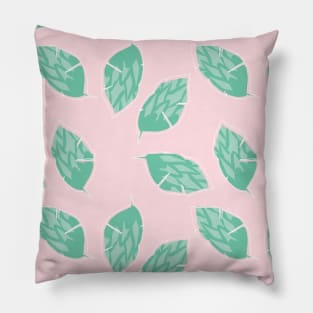 Pale Pink background and Green Leaves Pattern Pillow