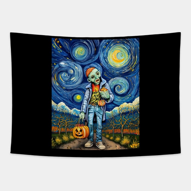 Halloween Zombie Trick or Treater Starry Night Van Gogh Style - Spooky Artistry Tapestry by Soulphur Media