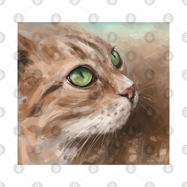 Painting of a Blonde Cat with Bright Green Eyes Looking to the Side by ibadishi