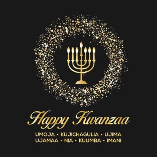 Happy Kwanzaa, Cultural Celebration. Holiday candles in a ring of stars T-Shirt