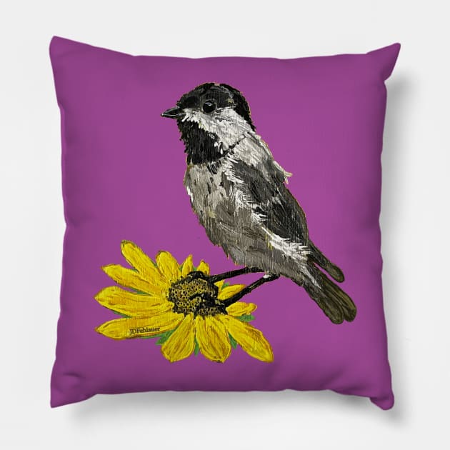 Summertime Chickadee On A Sunflower Pillow by JDFehlauer