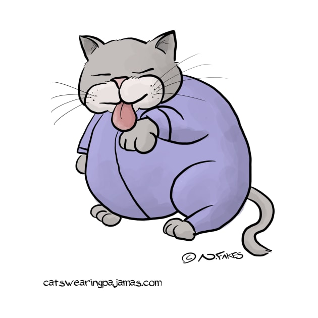 Cat in Purple Pajamas Licking Its Paws by cartoonistnate