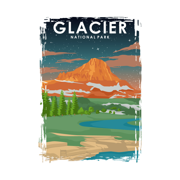 Glacier National Park at Night Vintage Minimal Retro Travel Poster by jornvanhezik