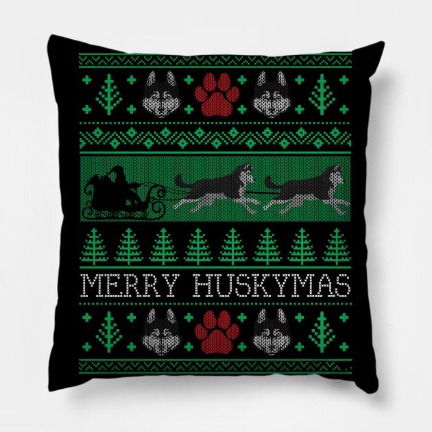 Christmas Siberian Husky Dog Funny Husky Ugly Christmas Sweater Pillow by mrsmitful01