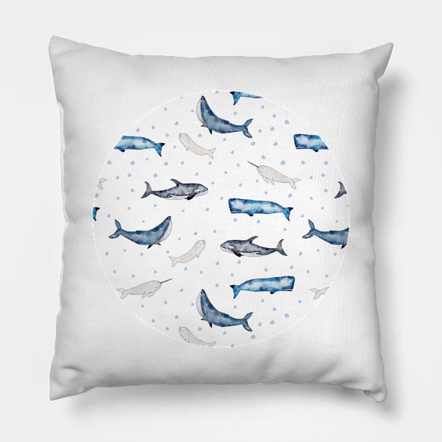 Watercolor Whales humpback, blue, orca, beluga, narwhal Pillow by Harpleydesign