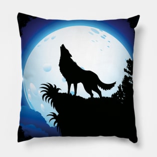 Wolf Howling at Blue Moon Pillow