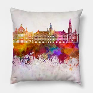 Antwerp skyline in watercolor background Pillow